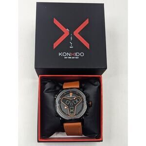 KONXIDO Mens Orange Leather Band Analog Quartz‎ Watch KO6341